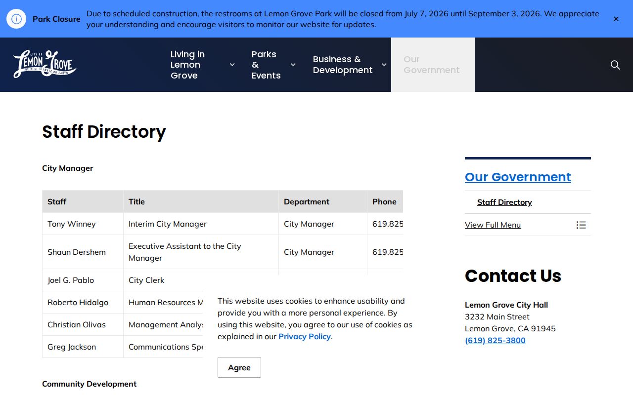 Lemon Grove directory city staff contact page