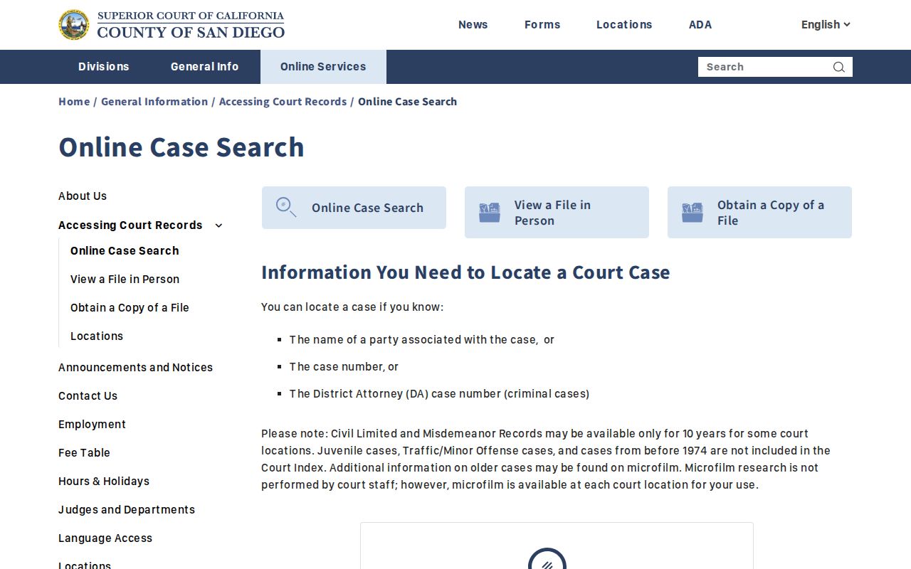 Lemon Grove public records instructions for San Diego Superior Court case search