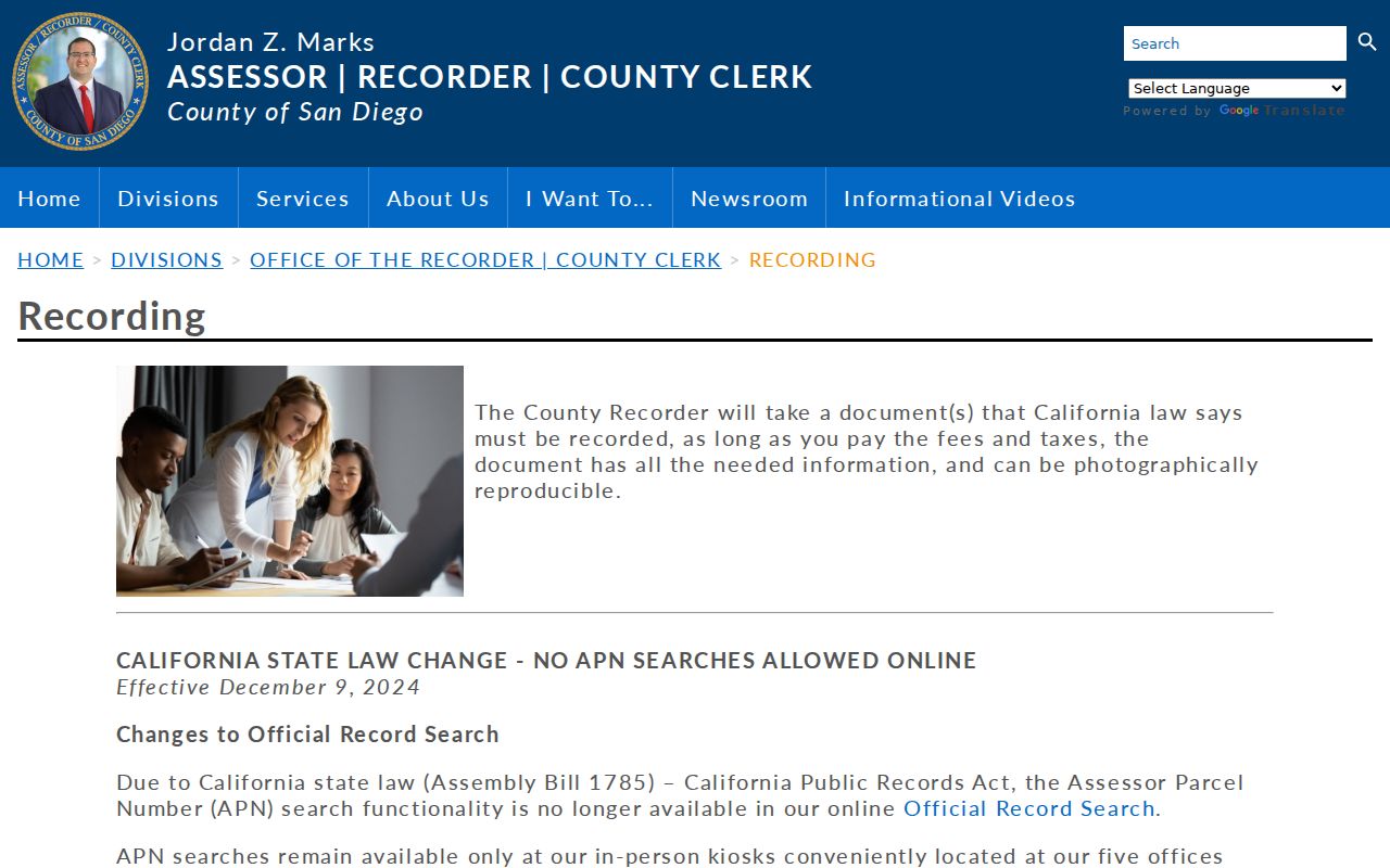 Lemon Grove public records route to San Diego County recorded documents