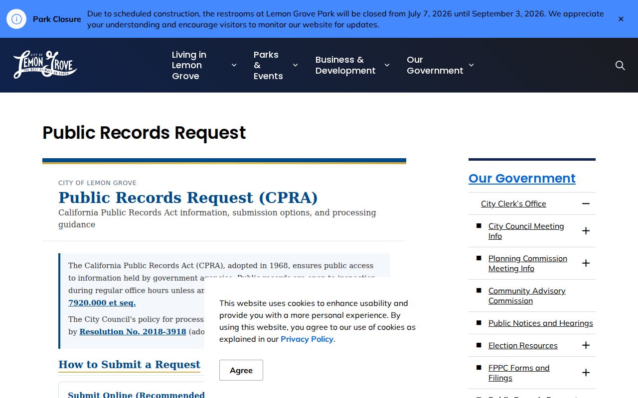 Lemon Grove public records request page and CPRA access options