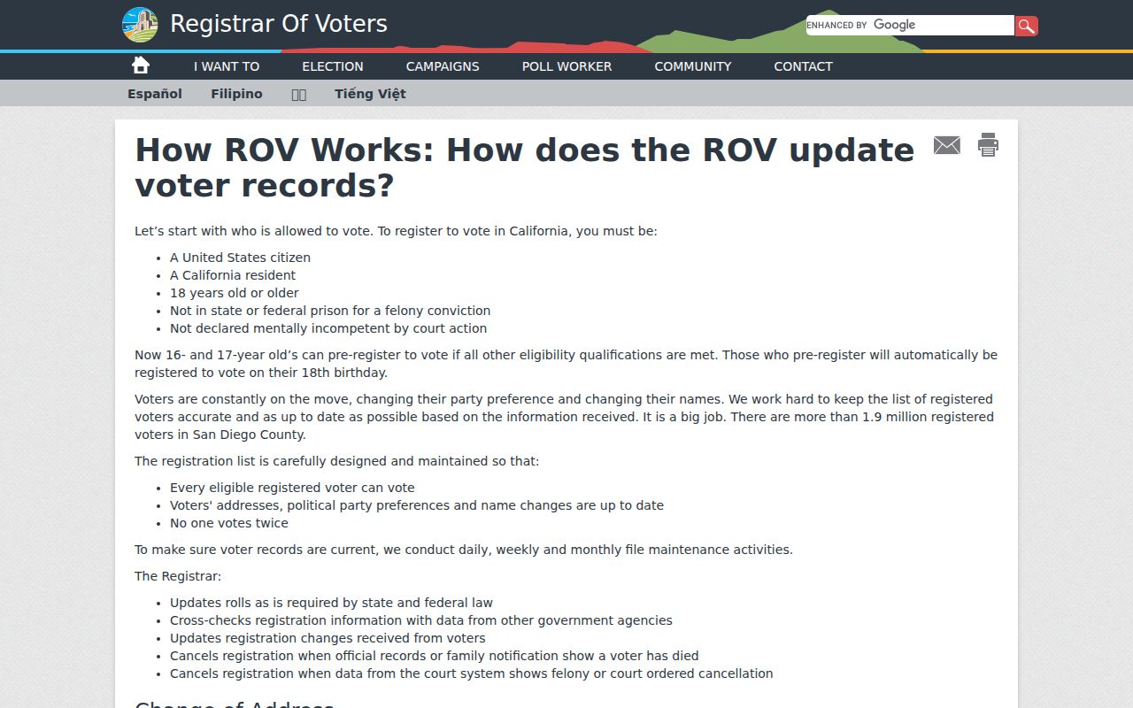 Lemon Grove voter registration records maintenance information from San Diego County